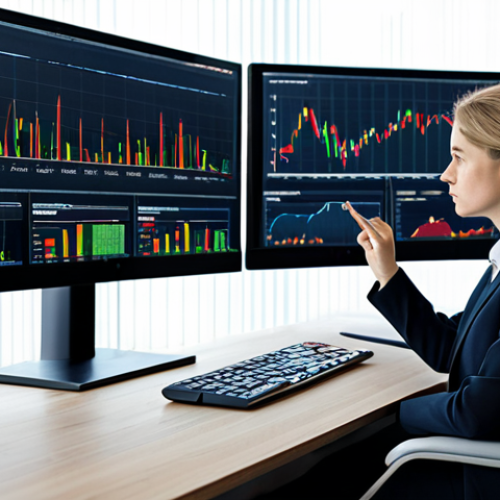 Home 11 A professional female investor in a modest business suit, fully clothed, seated confidently at a modern, polished desk. She is intently observing a large, high-resolution monitor displaying complex financial charts with varying degrees of market volatility, illustrating the concept of Beta. One part of the chart shows sharp, unpredictable fluctuations, while another part shows a more stable, linear progression. Her expression is focused and analytical, conveying an understanding of market dynamics and risk management. The office environment is bright, clean, and minimalist, with a hint of natural light from a large window. The overall image emphasizes sophisticated financial analysis and composed decision-making. Perfect anatomy, correct proportions, natural pose, well-formed hands, proper finger count, natural body proportions. safe for work, appropriate content, fully clothed, professional.