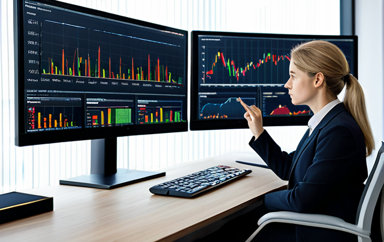 A professional female investor in a modest business suit, fully clothed, seated confidently at a modern, polished desk. She is intently observing a large, high-resolution monitor displaying complex financial charts with varying degrees of market volatility, illustrating the concept of Beta. One part of the chart shows sharp, unpredictable fluctuations, while another part shows a more stable, linear progression. Her expression is focused and analytical, conveying an understanding of market dynamics and risk management. The office environment is bright, clean, and minimalist, with a hint of natural light from a large window. The overall image emphasizes sophisticated financial analysis and composed decision-making. Perfect anatomy, correct proportions, natural pose, well-formed hands, proper finger count, natural body proportions. safe for work, appropriate content, fully clothed, professional.