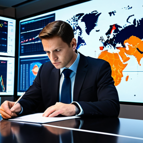 Home 6 A professional male financial analyst, fully clothed in a modest, dark business suit, sits attentively at a sleek, minimalist desk in a high-tech, modern office. In the background, large digital displays show abstract global economic charts, interconnected lines, and subtle world map projections, symbolizing the intricate global financial web. He holds a pen, poised to make notes, with a focused and contemplative expression, understanding the flow of capital and economic trends. The scene is lit with cool, professional lighting, emphasizing clarity and analytical thought. Perfect anatomy, correct proportions, well-formed hands, natural body proportions, natural pose. Safe for work, appropriate content, fully clothed, professional, high quality, studio lighting.