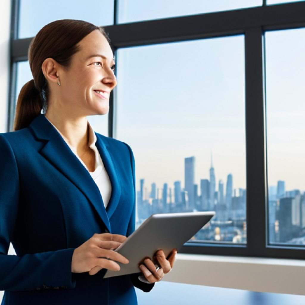 A serene, composed professional woman, aged 30s, fully clothed in a modest, tailored business suit. She stands confidently, gently gazing out a large window, a subtle, calm smile on her face. Her posture is relaxed and natural. The setting is a sunlit, modern minimalist office with clean lines and a panoramic view of a vibrant but calm city skyline. On a sleek desk nearby, a tablet displays a smoothly ascending financial growth chart, symbolizing long-term stability and simplicity. perfect anatomy, correct proportions, natural pose, well-formed hands, proper finger count, natural body proportions, professional photography, high quality, safe for work, appropriate content, fully clothed, professional dress.