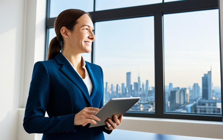A serene, composed professional woman, aged 30s, fully clothed in a modest, tailored business suit. She stands confidently, gently gazing out a large window, a subtle, calm smile on her face. Her posture is relaxed and natural. The setting is a sunlit, modern minimalist office with clean lines and a panoramic view of a vibrant but calm city skyline. On a sleek desk nearby, a tablet displays a smoothly ascending financial growth chart, symbolizing long-term stability and simplicity. perfect anatomy, correct proportions, natural pose, well-formed hands, proper finger count, natural body proportions, professional photography, high quality, safe for work, appropriate content, fully clothed, professional dress.