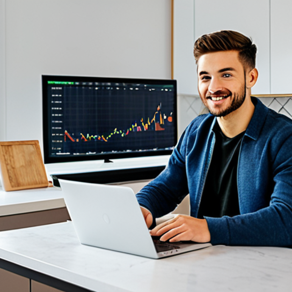 ETF Investing Beginner**
"A young adult, fully clothed in casual but neat attire, confidently using a laptop at a bright kitchen table. The screen displays a simplified stock chart. Background: A modern, clean apartment interior. Safe for work, appropriate content, family-friendly, professional-looking, perfect anatomy, natural pose."
**