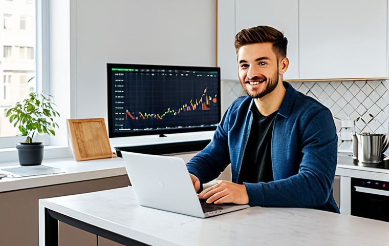 ETF Investing Beginner**
"A young adult, fully clothed in casual but neat attire, confidently using a laptop at a bright kitchen table. The screen displays a simplified stock chart. Background: A modern, clean apartment interior. Safe for work, appropriate content, family-friendly, professional-looking, perfect anatomy, natural pose."
**