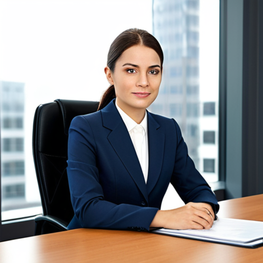 **
A professional businesswoman in a modest business suit, sitting at a desk in a modern office, fully clothed, appropriate attire, safe for work, perfect anatomy, natural proportions, professional photography, high quality, corporate environment.
**