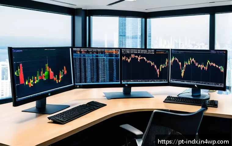 투자 비용 절감을 위한 저비용 인덱스 펀드 활용법 - A modern financial analyst workspace with dual monitors displaying detailed comparison charts of Bra...