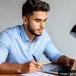 Home 20 저비용 인덱스 투자와 자산 관리 - A young Brazilian investor sitting at a cozy home desk with a laptop displaying stock market charts ...