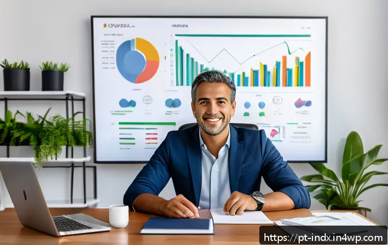 저비용 인덱스 투자로 성공한 사람들의 비밀 - A modern Brazilian investor sitting at a sleek home office desk, viewing a laptop screen displaying ...